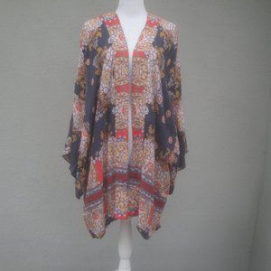 Allison Joy Women's Size M-L Blue Red Boho Hippie Printed Open Kimono Preppy